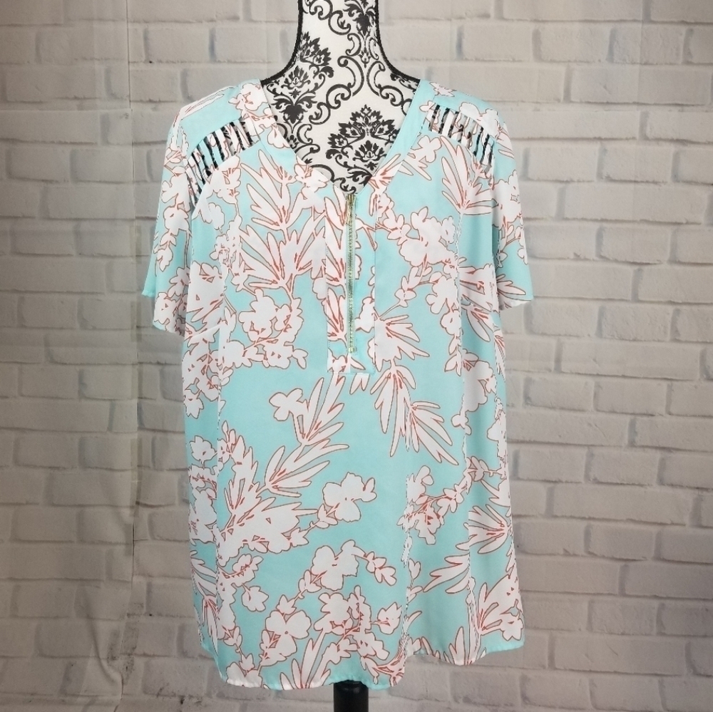 Worthington floral print top 1x 1/2 zip front